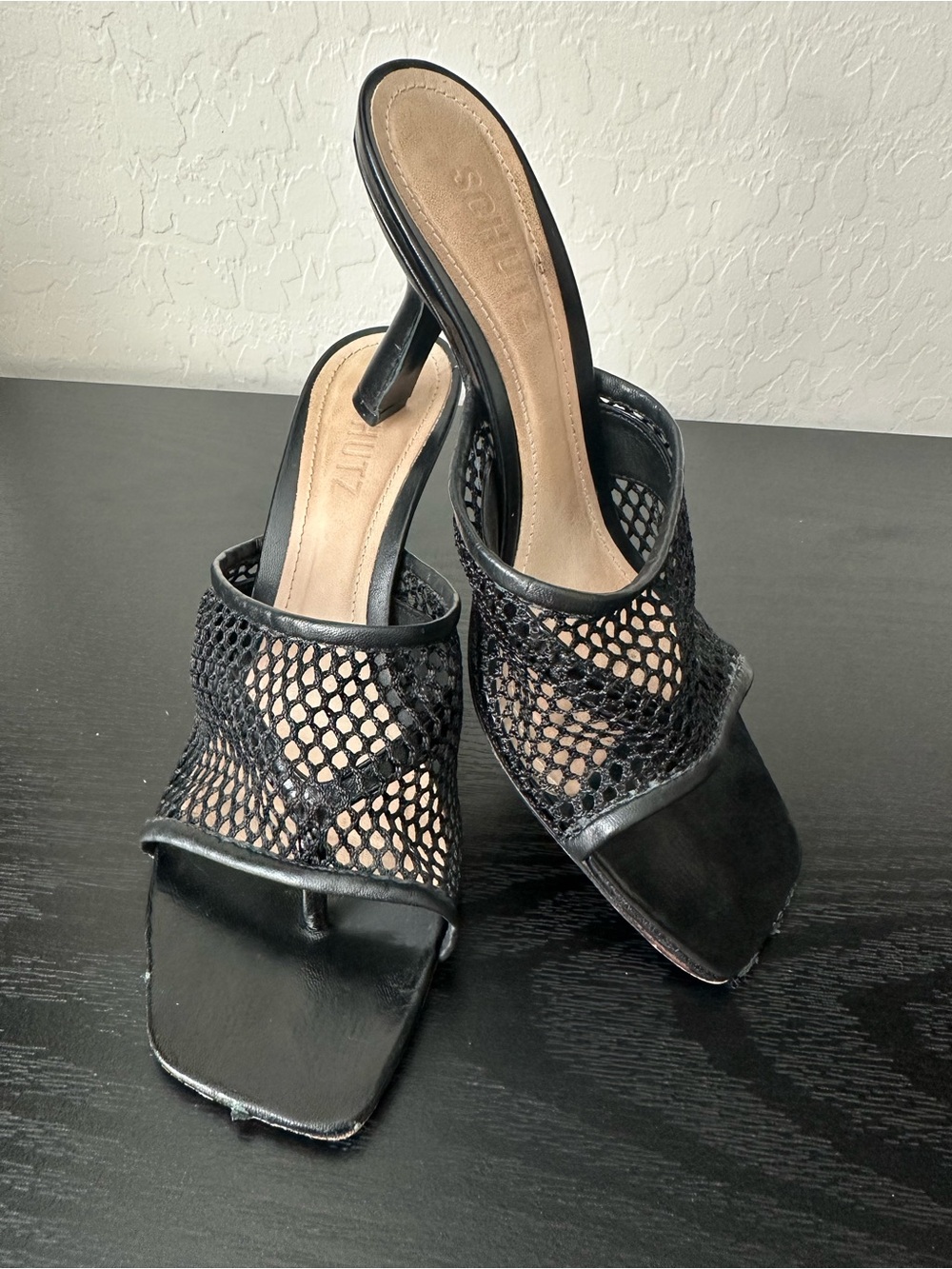 SCHUTZ Black Mesh Square-Toe Mule Heels